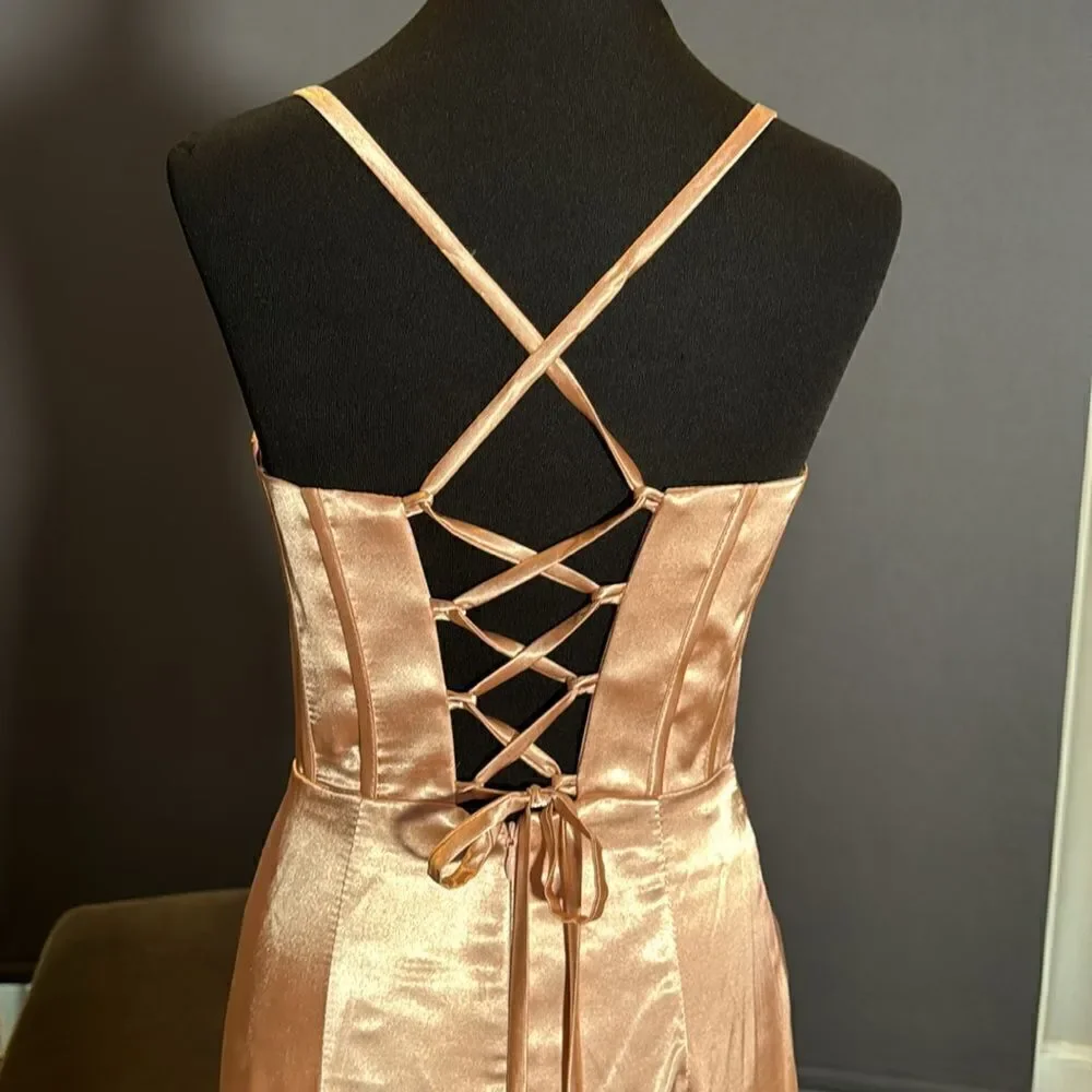 Women Full Length Prom Party Dress CrissCross Straps Leg Slit Size 8 *READ FLAWS